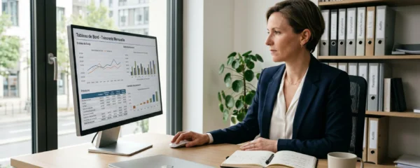 Directrice financière d'une PME française consultant un tableau de bord de trésorerie sur écran d'ordinateur dans un bureau moderne et lumineux