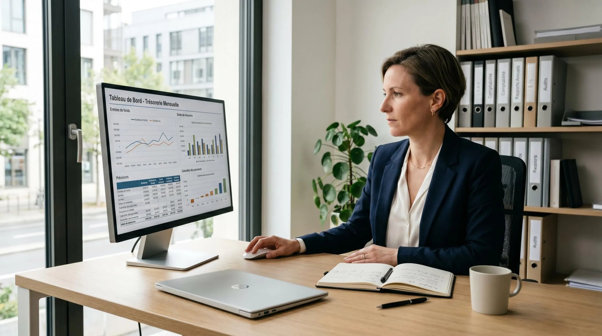 Directrice financière d'une PME française consultant un tableau de bord de trésorerie sur écran d'ordinateur dans un bureau moderne et lumineux