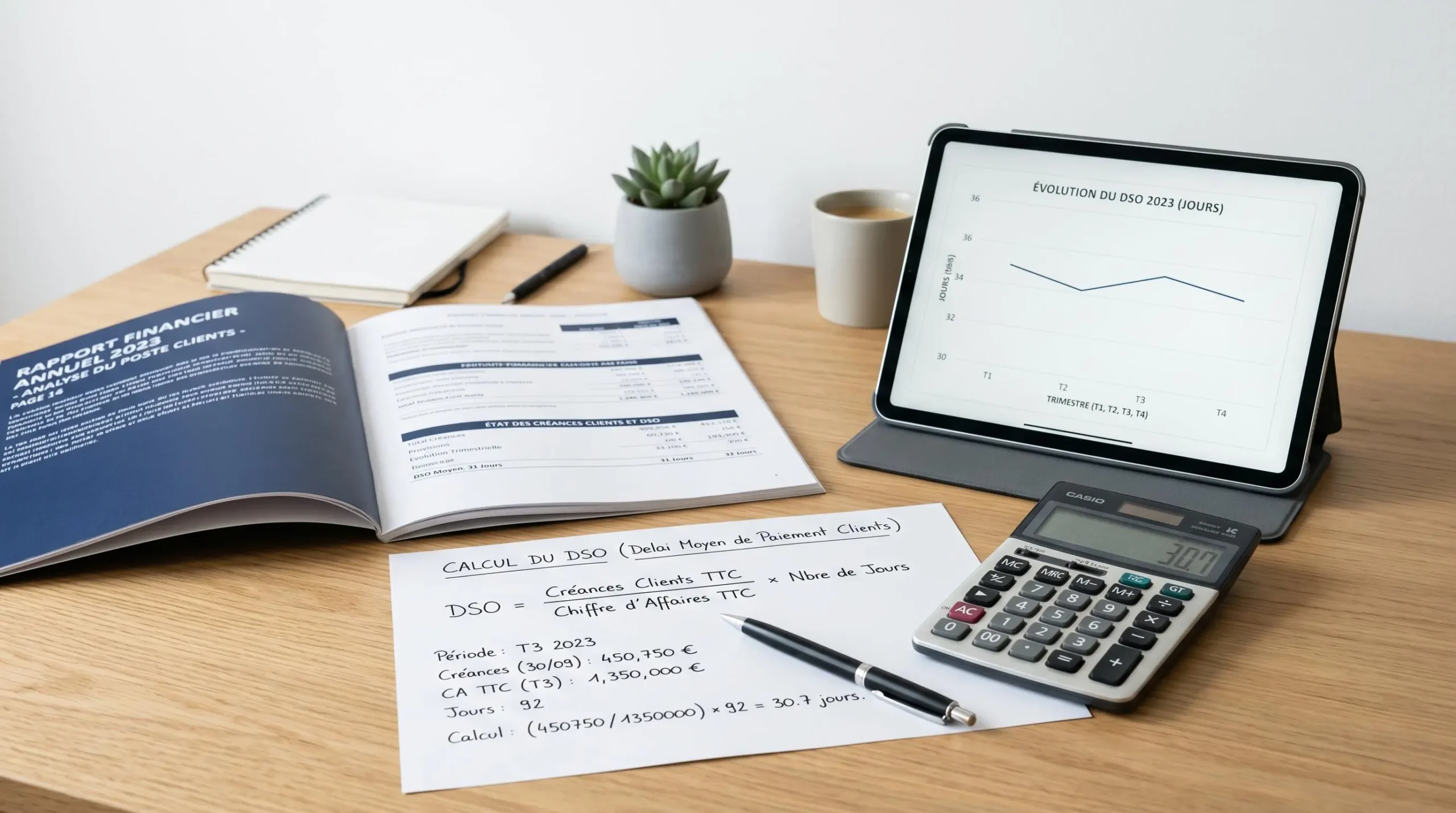 Feuille de calcul manuscrite de la formule DSO avec calculatrice et rapport financier sur un bureau de travail professionnel