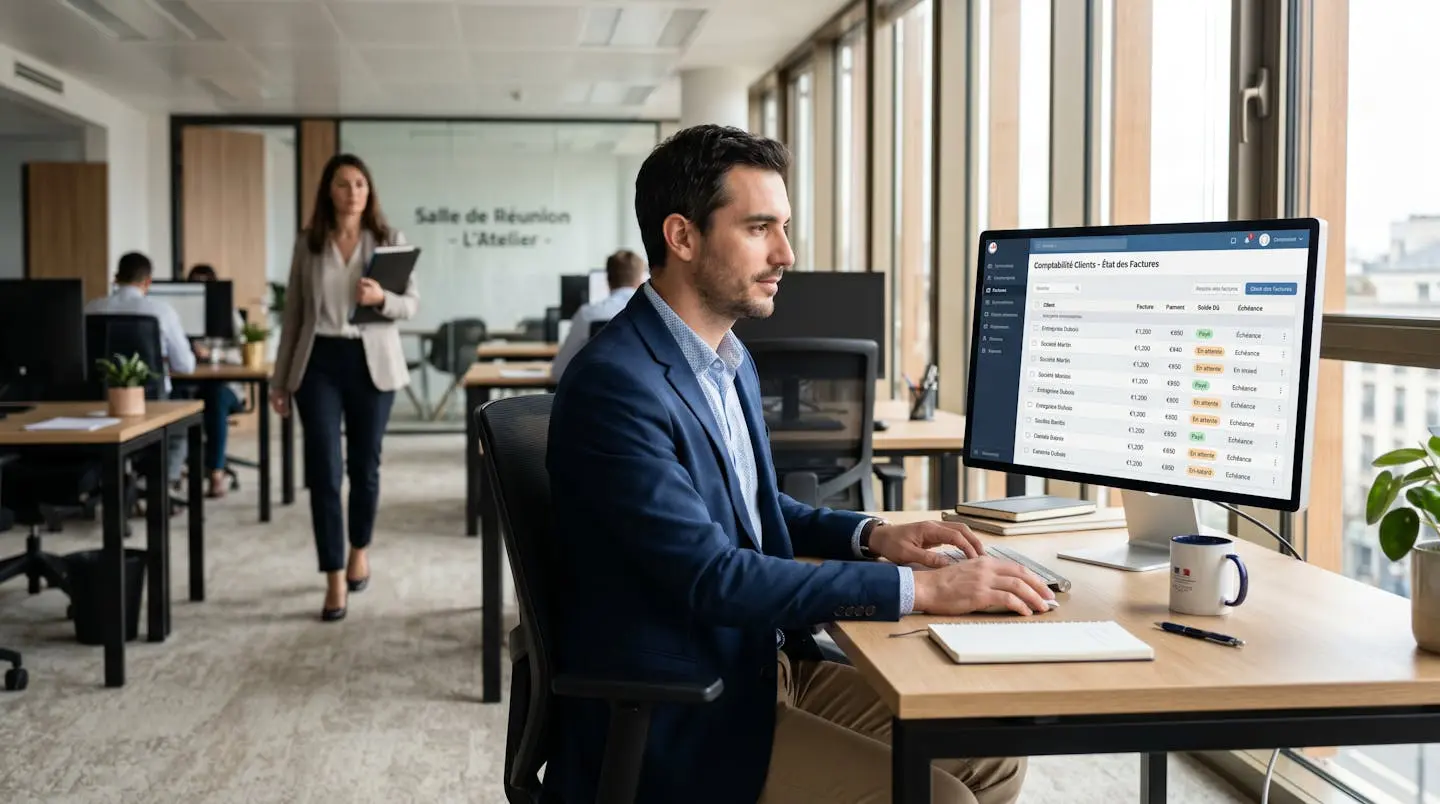 Responsable administratif d'une PME consultant un logiciel de gestion des relances clients sur son écran d'ordinateur dans un bureau moderne
